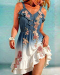 Women's Elegant Asymmetrical Ruffled Denim Patchwork Linen Floral Dress 6293