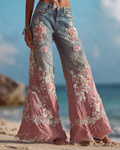 Women's Outdoor Fashion Floral Embroidery Color Block Gradient Denim Linen Pants 8803