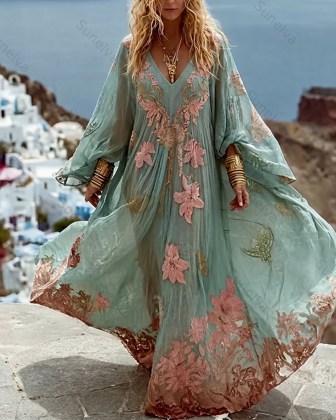 Women's Vacation Flowers Embroidery Linen Patchwork Dress 3517