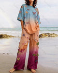 Women's Summer Vacation HUD Embroidered Gradient Linen Short-Sleeve Top & Pants Two-Piece Set  9338