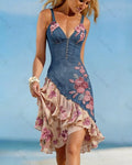 Women's Summer Floral Embroidered Color-Blocked Spaghetti-Strap Dress 4164