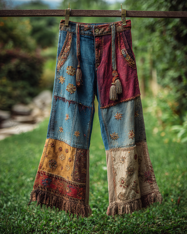 Spring/Summer Color Block Denim Linen Flared Pants7017