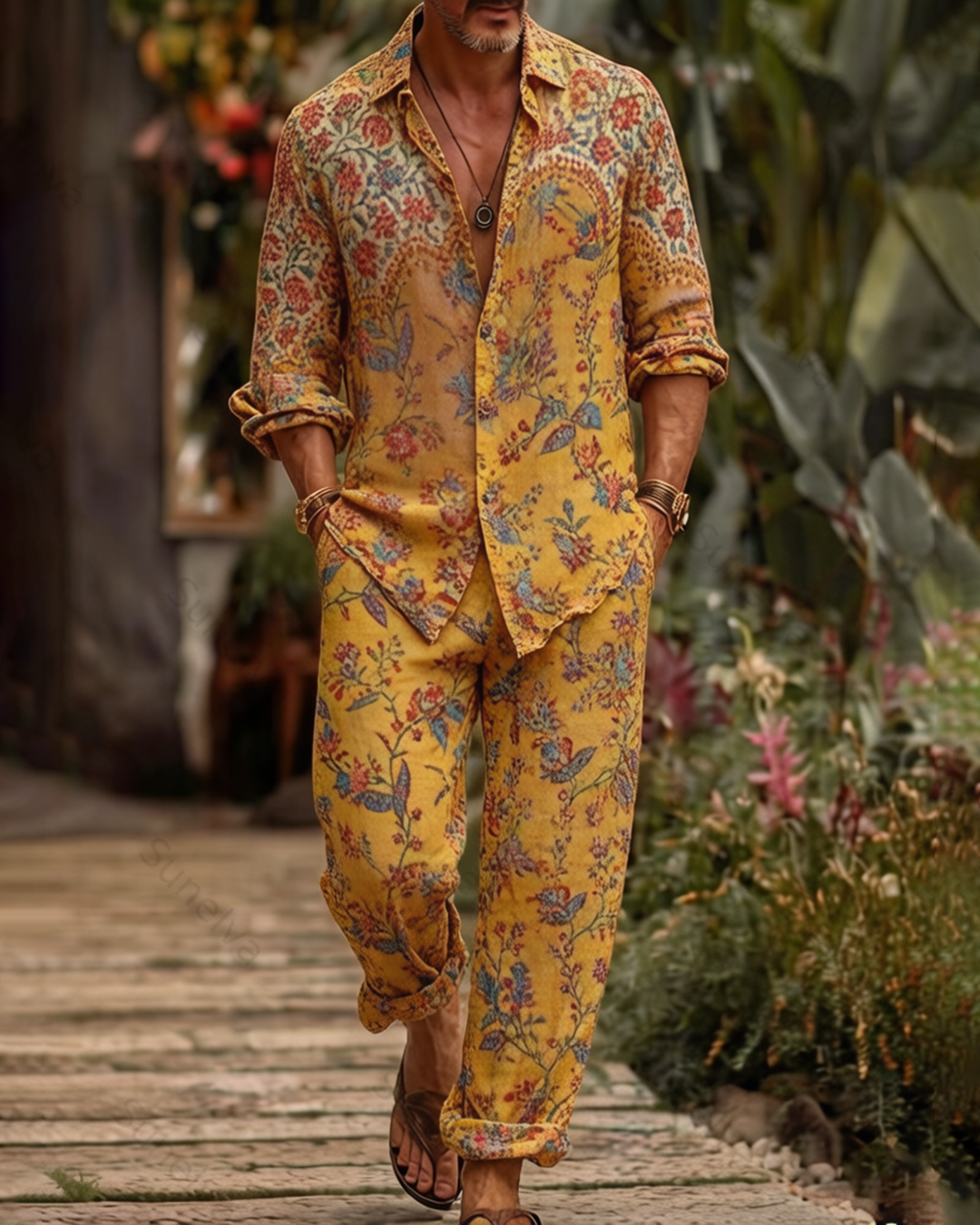 Men's Fashion Color-Blocked Print Long-Sleeve Shirt and Pants Two-Piece Set 7229