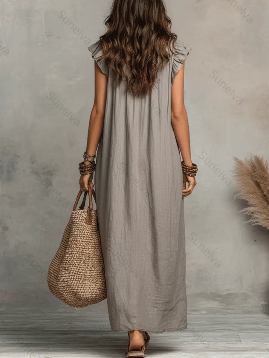 Women's Solid Color Ruffled Art Casual Fashion Cozy Cotton Linen Dress 5e35