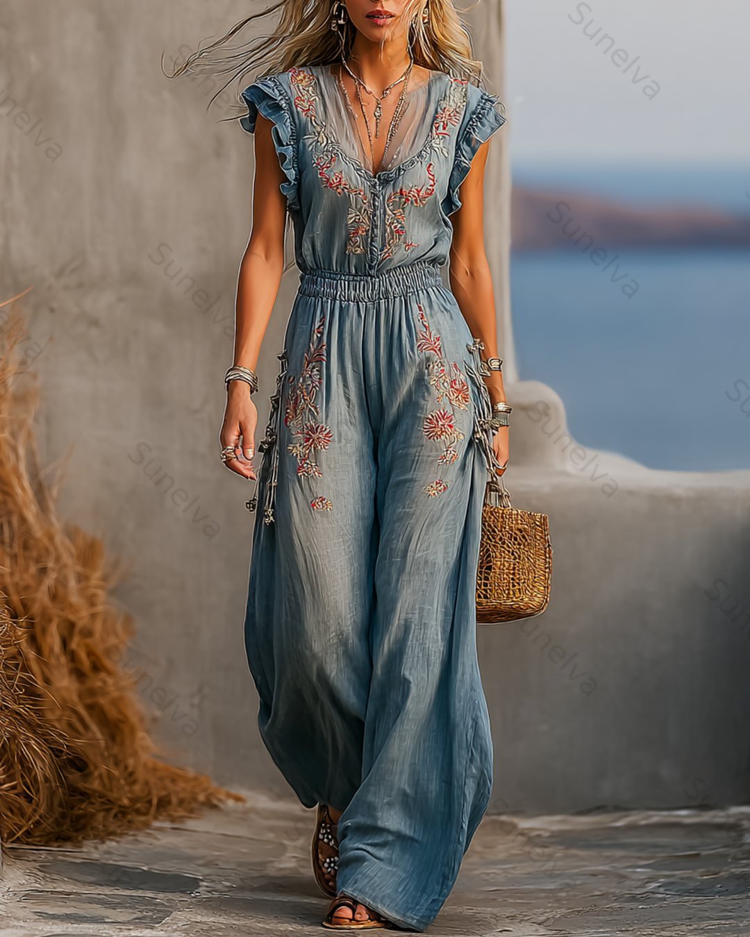 Women's Summer Flowers Embroidery Ruffle Linen Patchwork Jumpsuit  6047