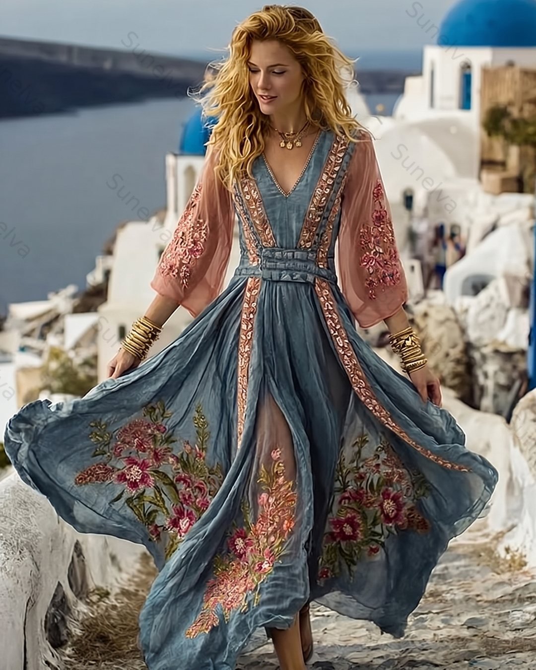 Women's Vacation Flowers Embroidery Linen Patchwork Dress 5167