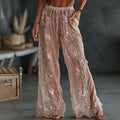 Women's Vintage Spring Floral Embroidered Art Print Flowy Linen Blend Casual Pants 1513