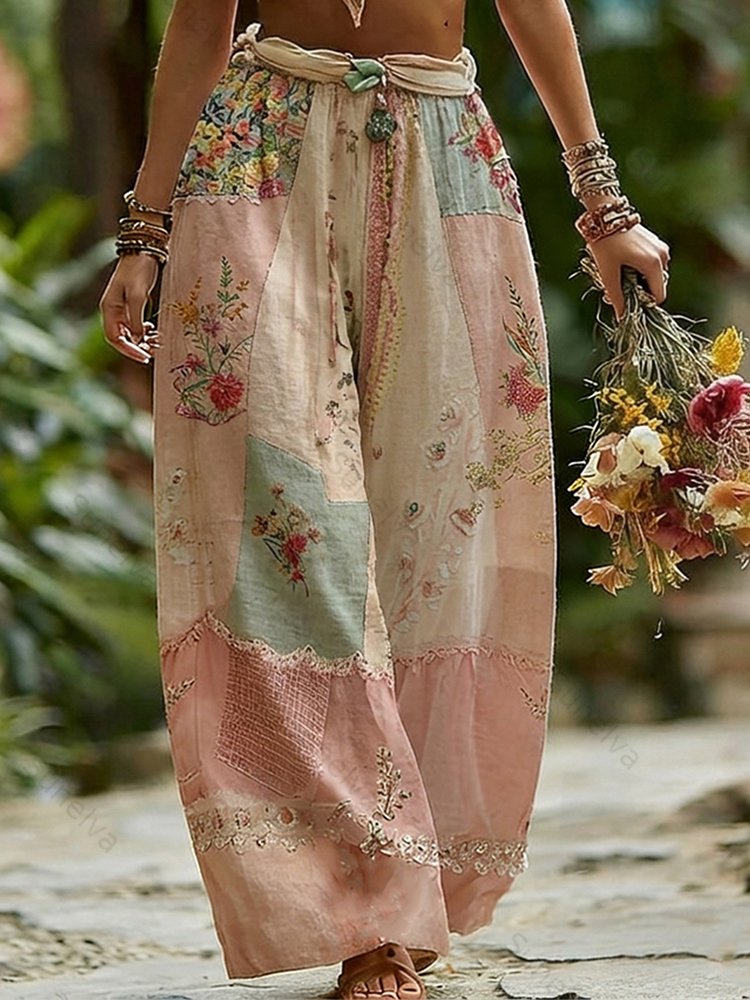 Women's Rose Floral Patchwork Casual Resort Linen Blend Pants 5e63