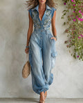 Women's Summer Elegant Floral Embroidered Patchwork Linen Jumpsuit 8810