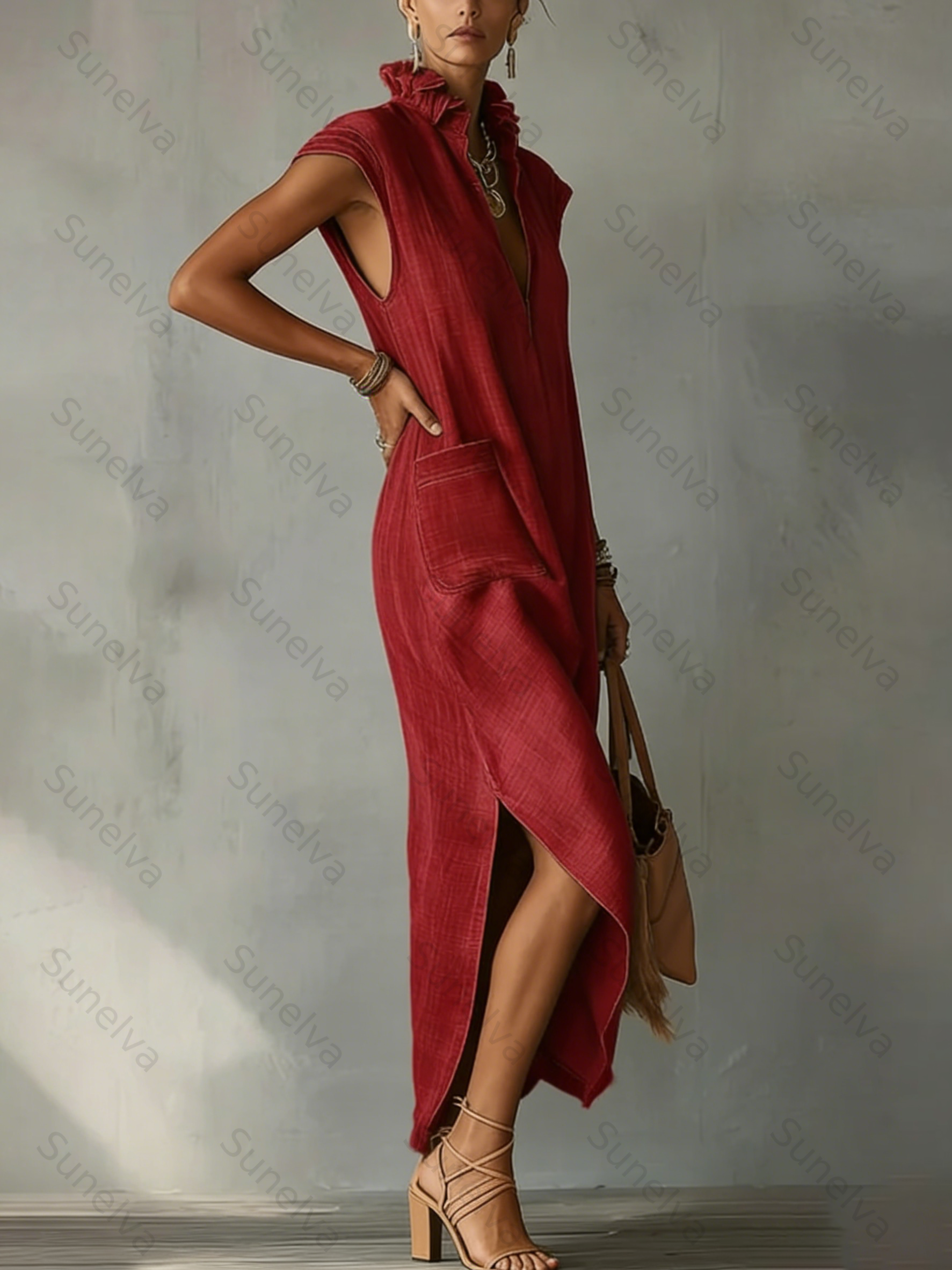 Women’s Ruffle Collar Cotton Linen Midi Dress – Elegant Summer Dress 5a17