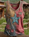 Spring/Summer Bohemian Style Color-Blocked Denim Linen Top4686