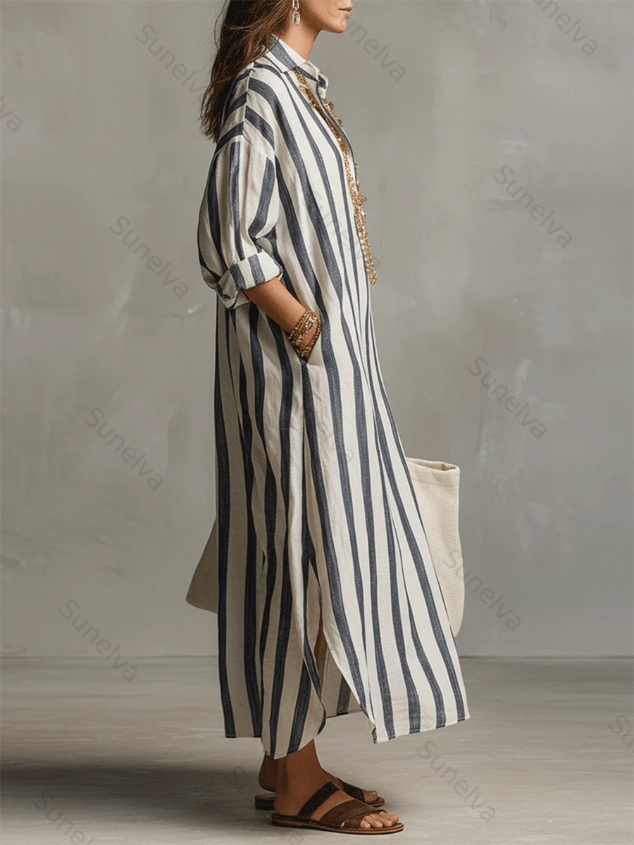 Casual And Cozy Striped Linen-cotton Dress 587b