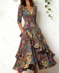 Women's elegant irregular ruffled linen patchwork dress 8666