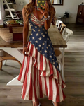 Women's Retro Elegant American Flag Themed Ruffled Linen Dress 1177