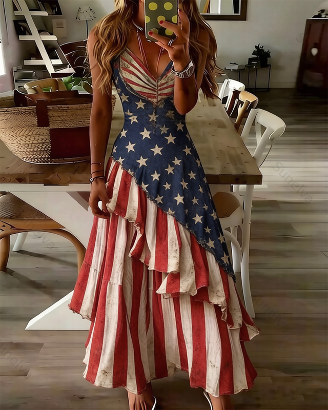 Women's Retro Elegant American Flag Themed Ruffled Linen Dress 1177