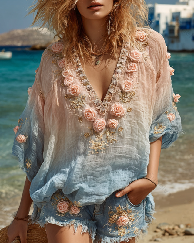Women's Outdoor Elegant Floral Embroidered Linen Blend Top & Shorts Two-Piece Set  7235