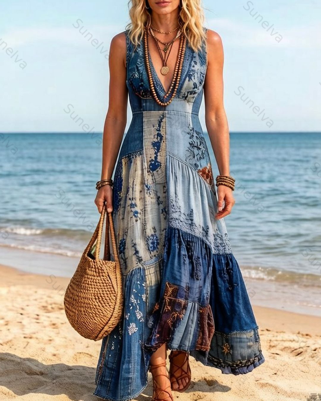 Women's Summer Floral Embroidery Patchwork Linen Dress 3962