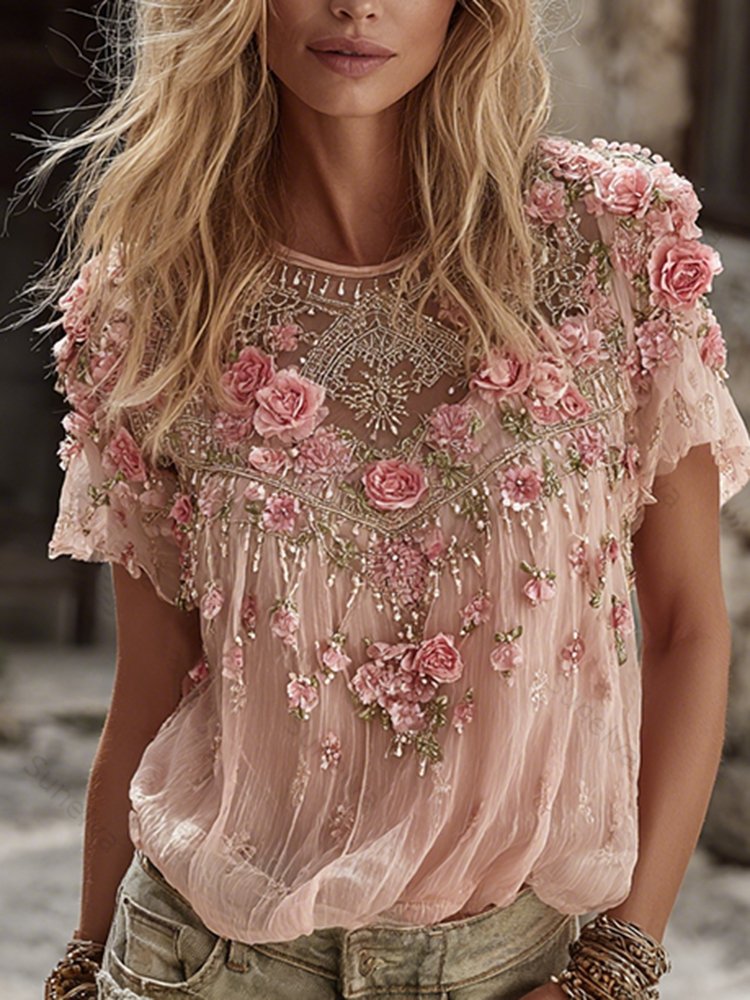 Women's Spring Floral Embroidered Art Flowy Linen Blend Short Sleeve Casual Tops b908