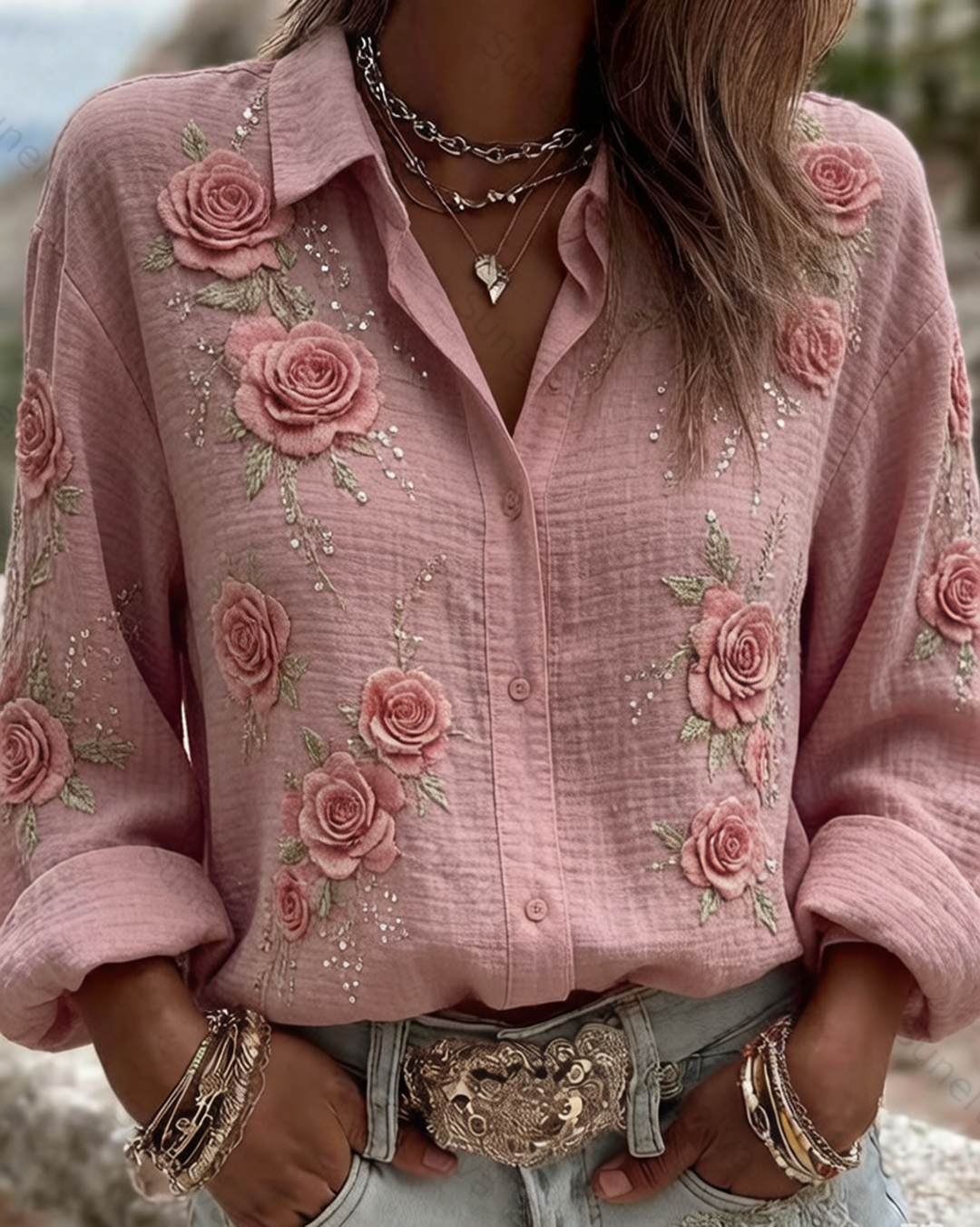 Women's Spring/Summer Fashion Floral Embroidered Shirt 4337