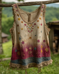 Spring/Summer Color Block Denim Cotton Linen Embroidered Top1330