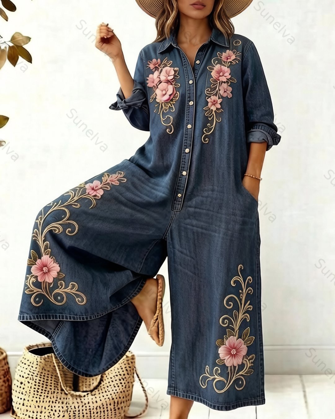 Women's Summer 3D Floral Embroidery Washed Thin Denim Overalls  3926