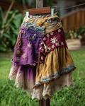 Spring/Summer Bohemian Style Color Block Denim Linen Skirt3615