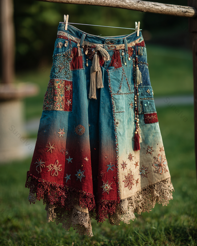 Spring/Summer Bohemian Style Color Block Denim Linen Skirt6227