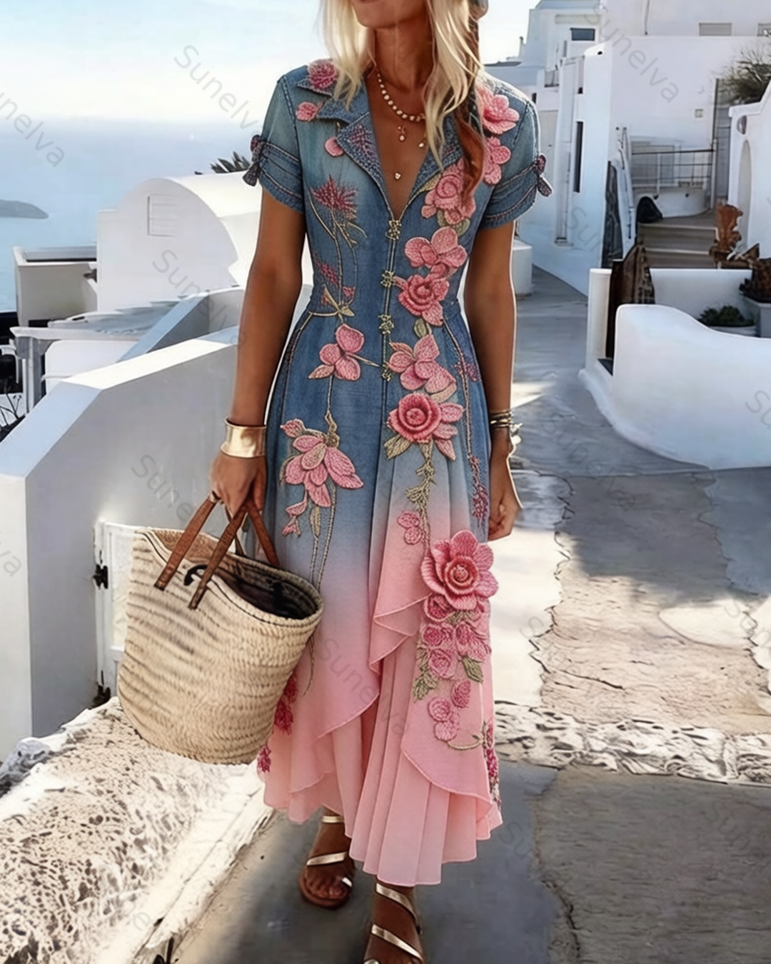 Women's Vacation Gradient Irregular Ruffle Flowers Embroidery Dress 2993