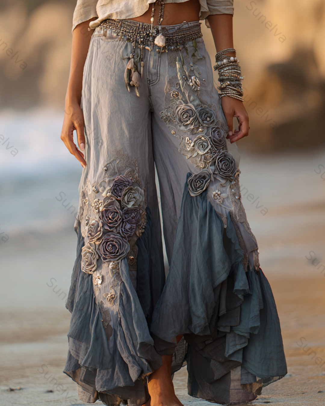 Women's Outdoor Fashion Floral Embroidery Color Block Gradient Denim Linen Pants 8447