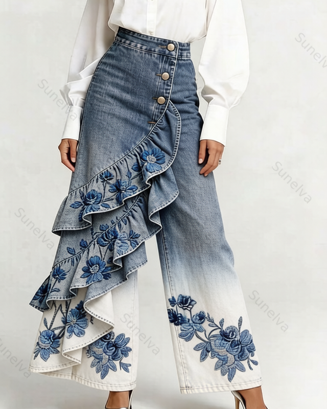 Women's Summer Elegant Floral Embroidery Ruffled Patchwork Gradient Denim Jeans  4436