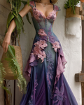 Women's Elegant Gradient Irregular Ruffle Flowers Embroidery Dress 3838