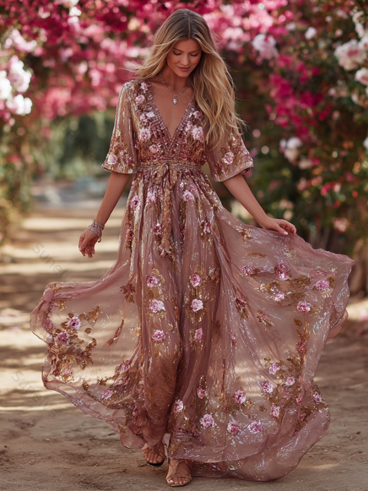 Bohème Pink Rose Sequin Light Pink V-neck Short-sleeved Dress a26e