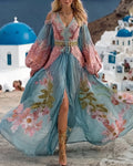 Women's Vacation Flowers Embroidery Linen Patchwork Dress 8713