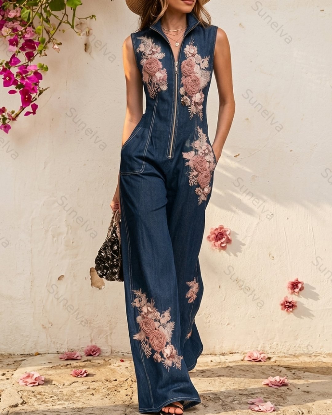 Women's Summer 3D Floral Embroidery Washed Thin Denim Overalls  7479