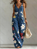 Women's Washed Denim Loose-Fit Sleeveless Jumpsuit with Straps  4967