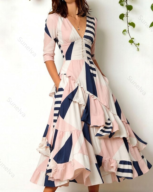 Women's Retro Elegant Abstract Geometric Print Irregular Ruffle Patchwork Linen Dress 9184