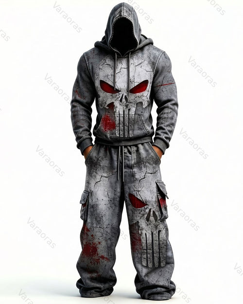 (Short Set) Men's Fashion Skull Contrast Color Embroidered Hoodie & Pants Two-Piece Set 5164