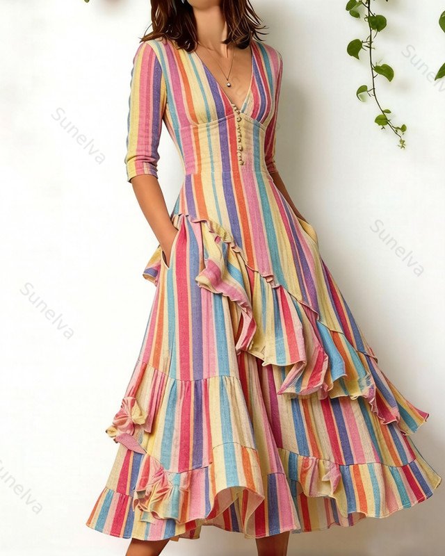Women's Retro Elegant Colorful Striped Print Irregular Ruffle Patchwork Linen Dress 7618
