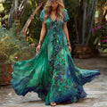 Women's Retro Rose Floral Gradient Pattern V-neck Short Sleeve Dress ab7e