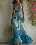 Women's Summer Elegant Floral Embroidered Patchwork Linen Dress 8742