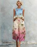 Women's Summer Vacation Butterfly Embroidery Gradient Linen Sleeveless Top & Pants Two-Piece Set  9877