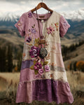 Women's Summer Floral Embroidered Color-Blocked Short-Sleeve Dress 3011