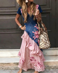 Women's Summer Flowers Embroidery Irregular Ruffle Linen Patchwork Dress 6151