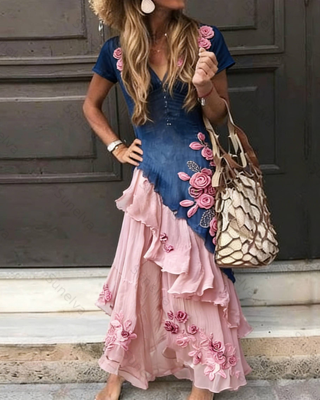 Women's Summer Flowers Embroidery Irregular Ruffle Linen Patchwork Dress 6151