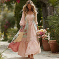 Women's Rose Floral Patchwork Casual Resort Linen Blend Long-sleeved Dress b41a
