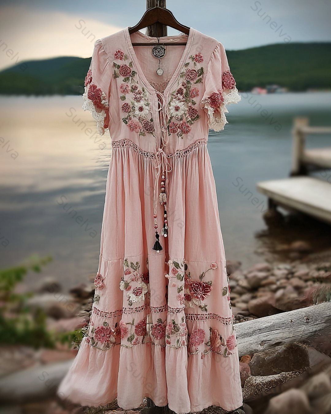 Women's Summer Floral Embroidered Color-Block Short-Sleeve Dress 7810