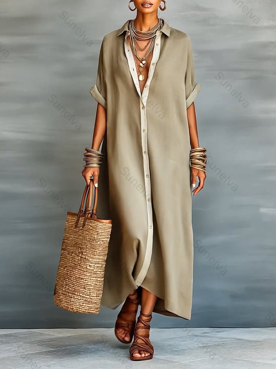 Women's Loose-fitting Linen And Cotton Shirt Dress 69ab