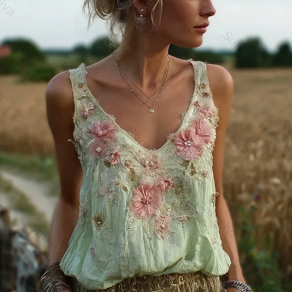 Bohemian Retro Pink Floral Pattern Women's Sleeveless Thin Shoulder Strap Vest 8990