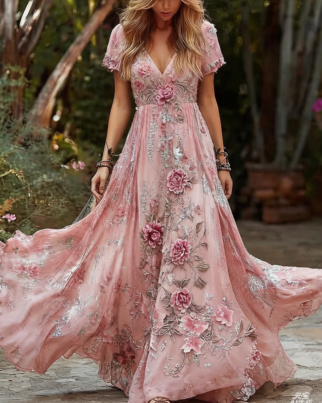 Women's Vacation Irregular Ruffle Flowers Embroidery Dress 5678