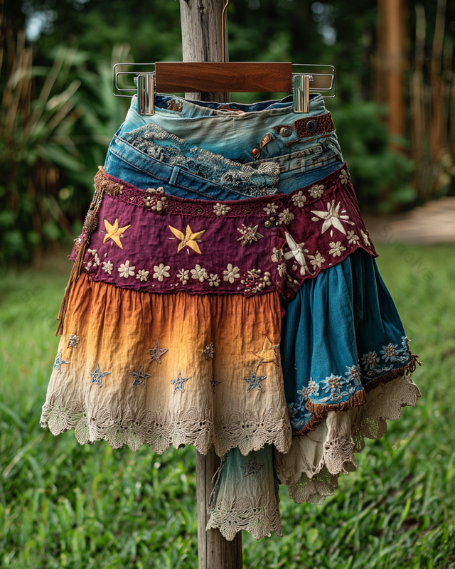 Spring/Summer Bohemian Style Color Block Denim Linen Skirt8183